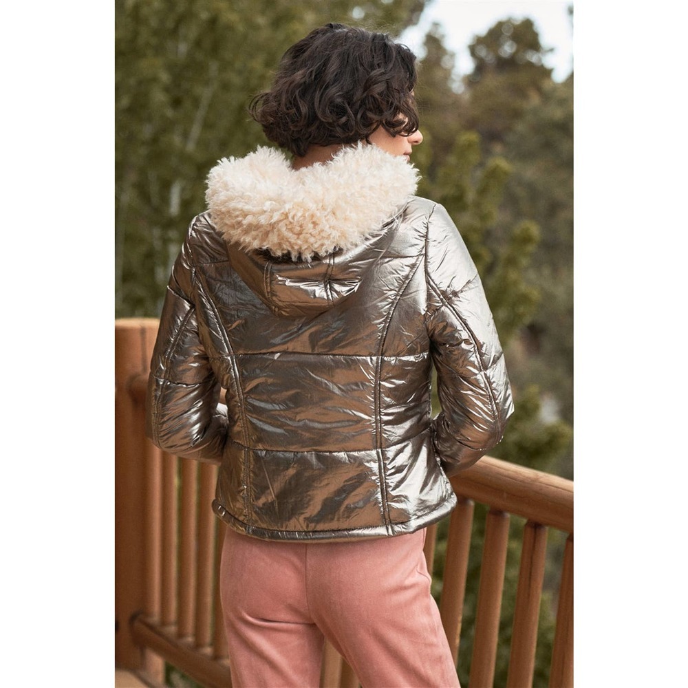 Tasha Apparel Gunmetal Gray Metallic Fuzzy Faux Fur Hood Puffer Jacket - Picture 4 of 5